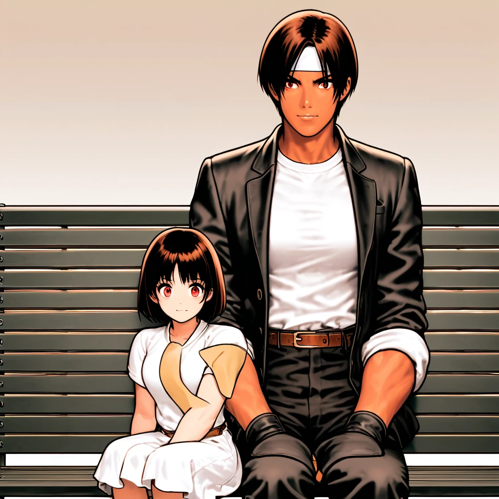 Single, female, short cut, dark hair, dark skin, red eyes, ((black jacket with rolled up arms)), fingerless gloves, white T-shirt, ((white headband)), long black pants, white shoes, brown belt, cute, indoor-oriented, charming, first class, neat face, neat eyes, rather large Sitting on a bench at a bus stop A beautiful Japanese girl sitting on a bench at a bus stop is surprised to see me in profile and in front of her. Her eyes are wide open, her gaze is slightly downward, and her mouth is half open.
