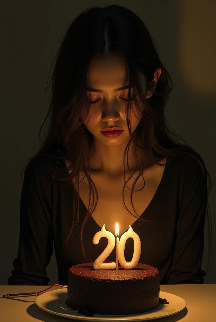 The beautiful young face cover women cut chocolate cake alone ( use knife ) on the cake 20 number candle. and she's face full  of sadness. and she waring black frock with full sleeve and covered nack  and face dress she's in a dark room with some warm yellow light. She's in sad and she's looking a cake Nose , Long Hair, Hair Between Eyes, Mask, Tears, Tears, , Sad, 