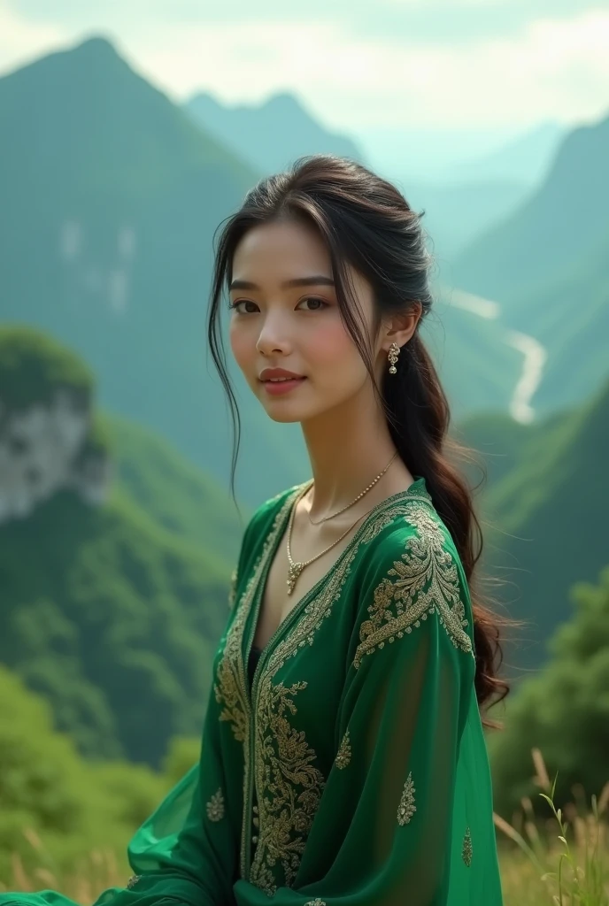 Beautiful Asian lady portrait wearing suit salwar in green mountains