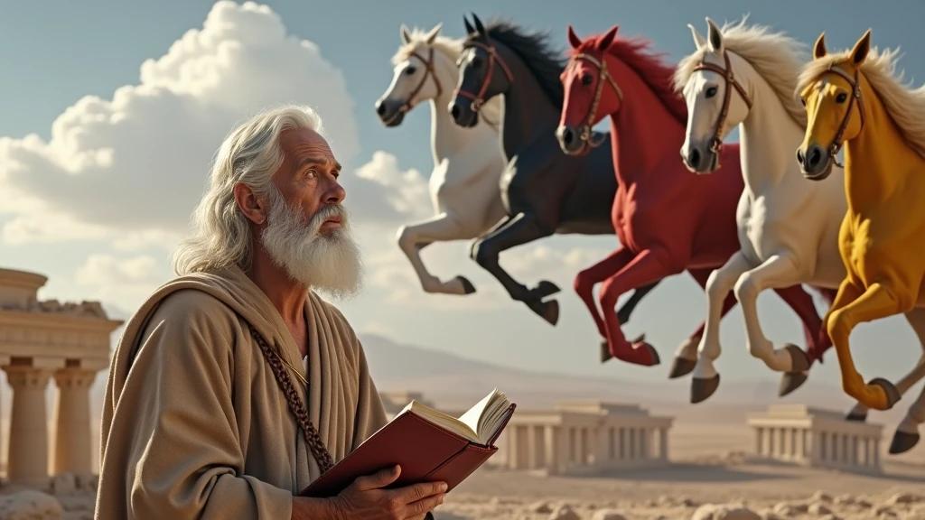 A beautiful and captivating cinematic scene set in 2000 BC, featuring an elderly Hebrew named John, an apostle of Jesus Christ. He is dressed in a tunic from the time of the Roman Empire, with long white hair and a well-groomed white beard. John, 75, looks up at the sky in an open celestial vision. He has a red leather book in his hands, taking notes and writing with a quill pen. Above him, in the skies, four horsemen of apocalyptic colors - white, black, red and yellow - appear with their mortal faces, riding huge horses and powerful. The architecture in the background evokes a sense of ancient history and grandeur. This scene combines cinematic, architectural, and portrait photography elements to create a striking and memorable image., portrait photography, architecture, cinematic, photographic