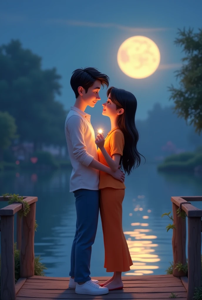 Pixar-type image of a young man in a white shirt and blue pants and a girl next to him in orange pants and an orange blouse looking towards a photo from the front on a lagoon at night on a bridge. They are standing looking at each other. The young man is on the left side and the girl is on the right side. She puts her arm around him from behind and he also has one arm and they look forward.