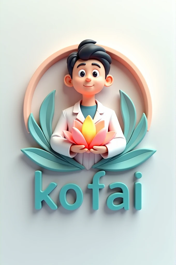 3d text logo that says “KO FAI” at the bottom, with a mascot of a male therapist, inside the circle there is a cool lotus flower which symbolizes health, blessing, riches, success, kejayaan