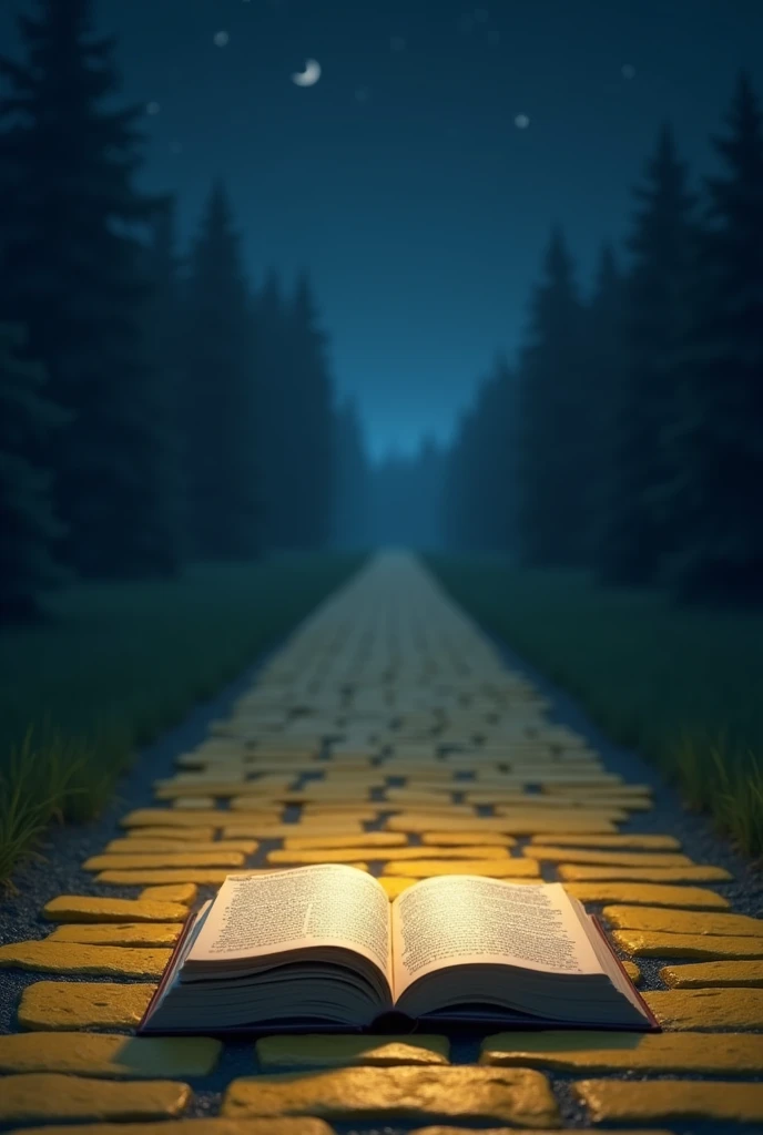 an open book on top of a yellow brick road on a dark blue night without much information on the side