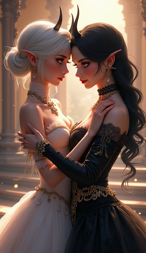 2 girls dancing a waltz, in a hug. 1 is a demon girl, With devil horns, white hair in a bun, blue eyes, traje elegante masquerade style,. The other girl, Is human, He has black hair and violet eyes, with a Victorian style dress with lots of jewelry and accessories. high quality, High Definition, 4k, Wallpaper, shines, beautiful, detailed eyes, detailed lips, Extremely detailed clothing, animated style, cute animated style, well drawn hands, masquerade style, festival style 