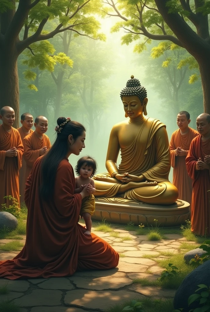 woman kneeling before the Buddha in a serene forest setting, holding her child, with a look of desperation and pleading. The Buddha is seated calmly, listening intently, surrounded by monks and nature.

