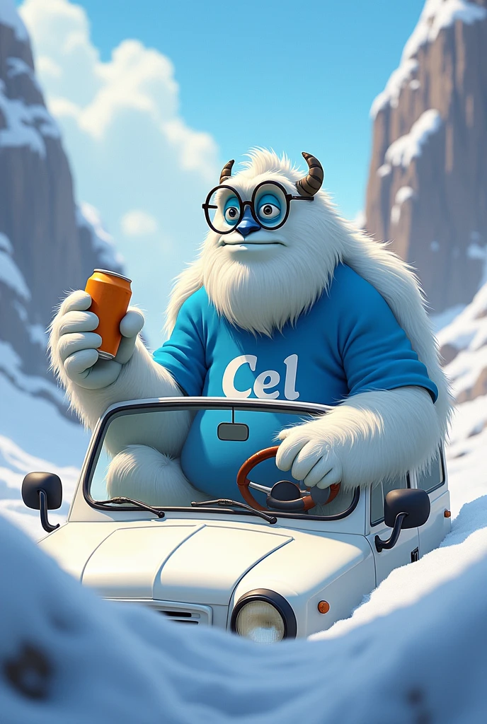Create an image of the Abominable Snowman from Monster Inc. with glasses driving a white van with a beer in his hand and a blue shirt that says CEL
