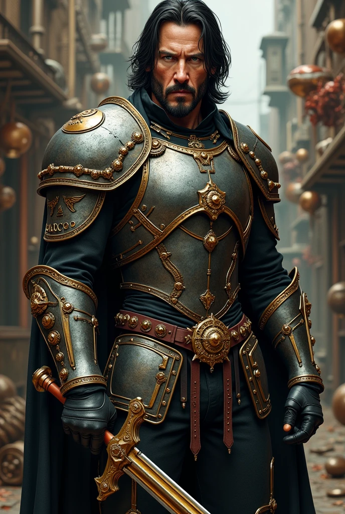 Keanu Reeves wearing steampunk armor carrying a sword