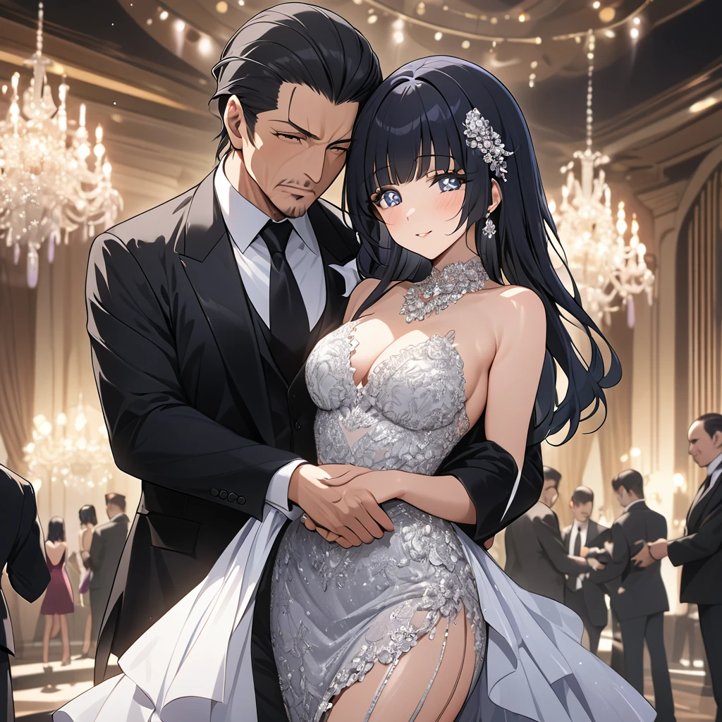 ((Highest quality)), ((masterpiece)), (detailed), （Perfect Face）、The woman is Reika Aoki, the wife of a mafia boss, with medium-long black hair and an engagement ring.、The woman is dressed in the most luxurious and glittering party dress and lavish jewelry to show her mafia dignity at the luxurious party venue, and is being escorted by the mafia boss.、The woman is happily embracing the mafia boss as they are escorted by him. They are a happy couple.