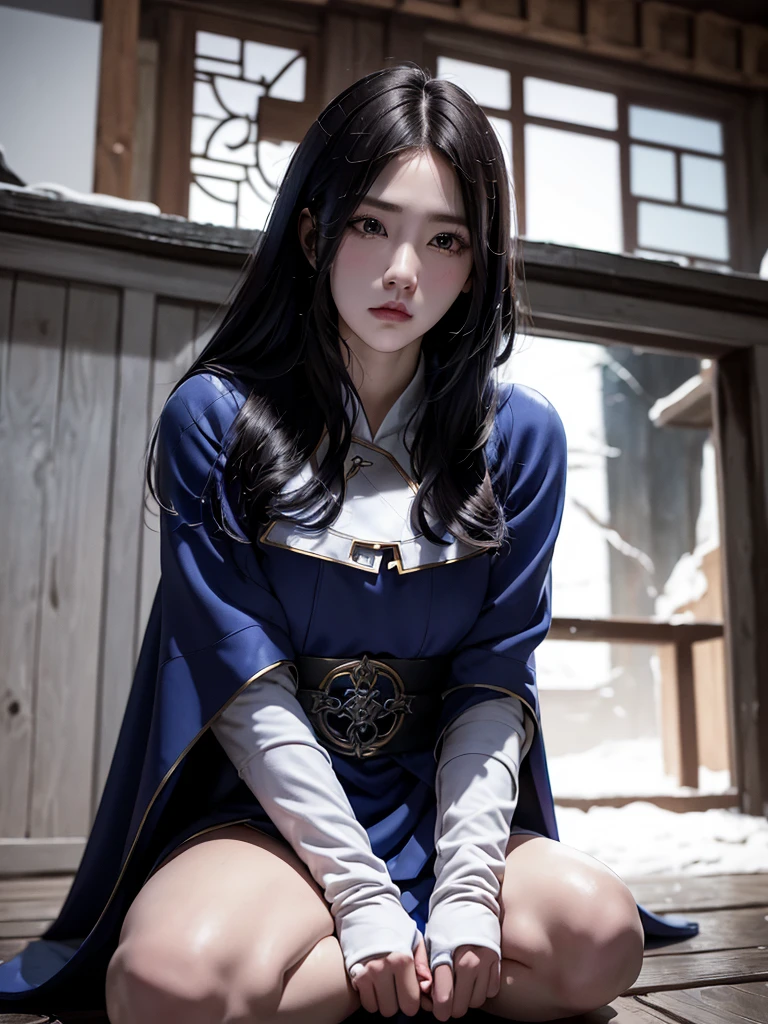 South korea walk women mystery hood up with modern royal Blue coat with long sleeves with buttons and royal Blue cape and very high white heel over the knee and white gloves, As she reveals a small secret hidden blade coming from his palm , adding to the character's mysterious and agile appearance, with small movements of air on the cape, in summer at night under the rain,medieval south korea house. sophisticated and highly detailed, ultra hd, realistic, hyper detailed, enhanced colours, ultra sharp focus, with vibrant, rich in details High quality, gorgeous, captivating, 8k, super detailed, stunning shadows, detailed lines, blood stain on coat and gloves, a recently dead person with their throat slit