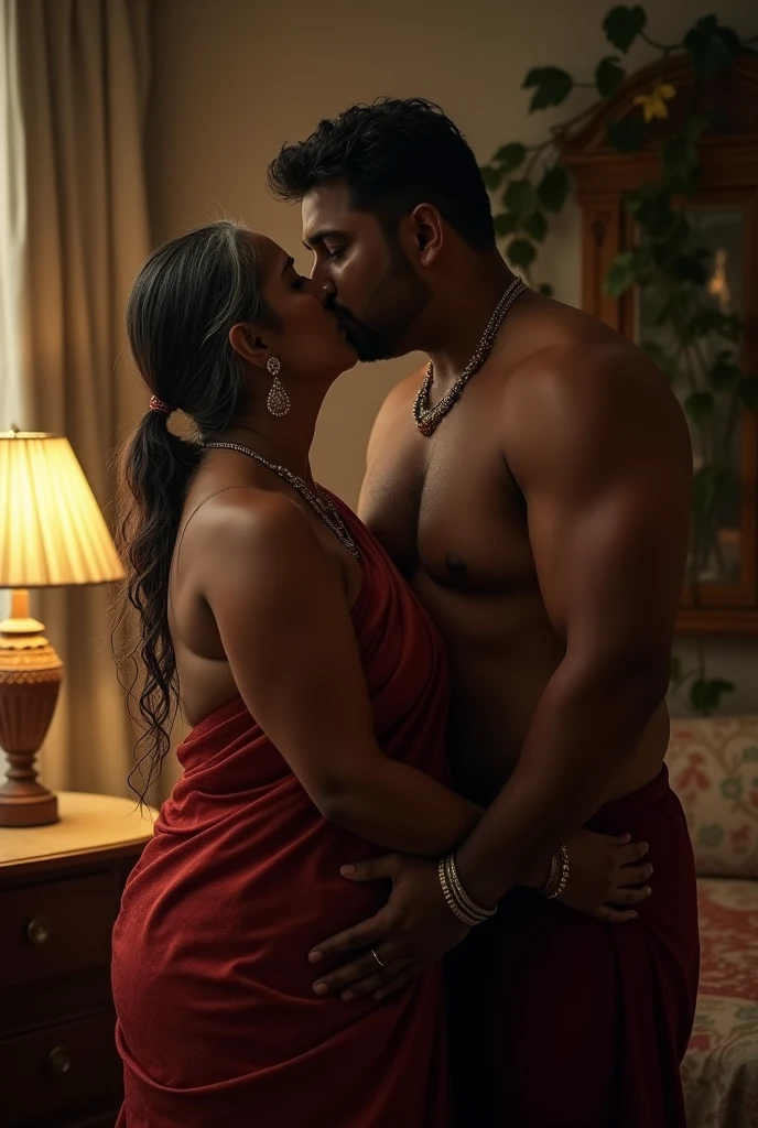 A curvy Indian Mature Aunty, Having Grey Hair tied behind her Head, Wet and Nude with Large Breasts, Lying on Bed and Kissing a 1 BOY Sensually lying above Her, Dim Lamp lit in the room.