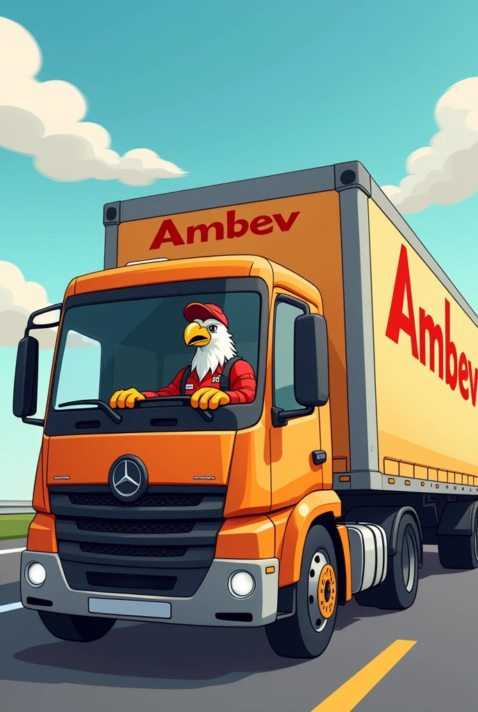 Generate a cartoonish image of a muscular eagle driving an AmBev truck, the trailer must be fully visible!