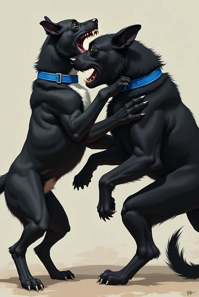 A thin black dog with a white chest is fighting with a black Labrador with a blue collar