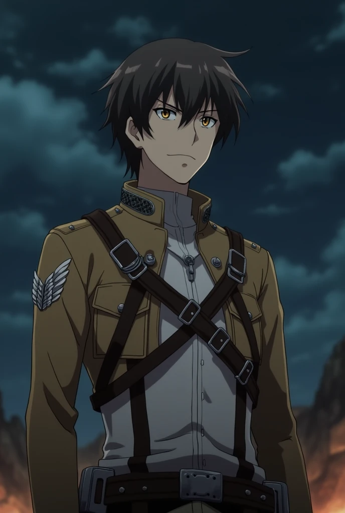 Attack on Titan screenshot of a man with light skin tone, honey brown eye color, with fluffy hair, medium long brown , The night landscape she is wearing a reconnaissance legion suit. WIT season 3 screenshot