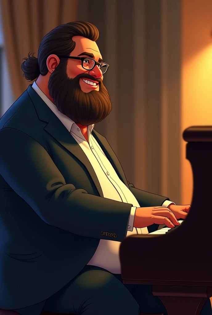 Man with brown skin, fat, elegant, with beard and glasses and a little long hair, playing the piano animated version