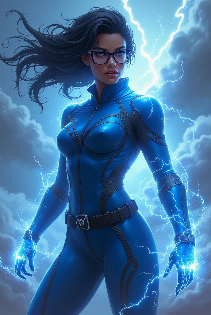 beautiful dark skinned woman with black hair, She wears blue battle clothes surrounded by electricity., she wears glasses, She has thunder powers, She&#39;s in the clouds with thunder