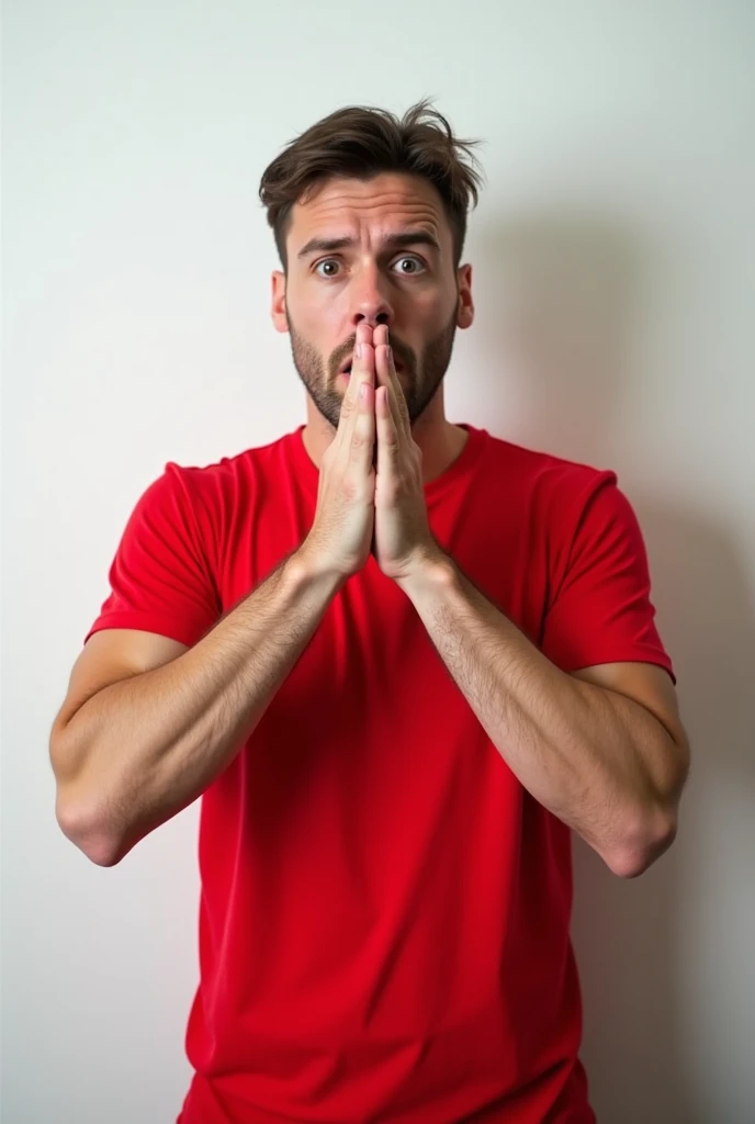 Attractive surprised adult male makes shush gesture, demnads shut up, wears casual bright red t-shirt, poses against white wall. People, hush, conspiracy, secret concept