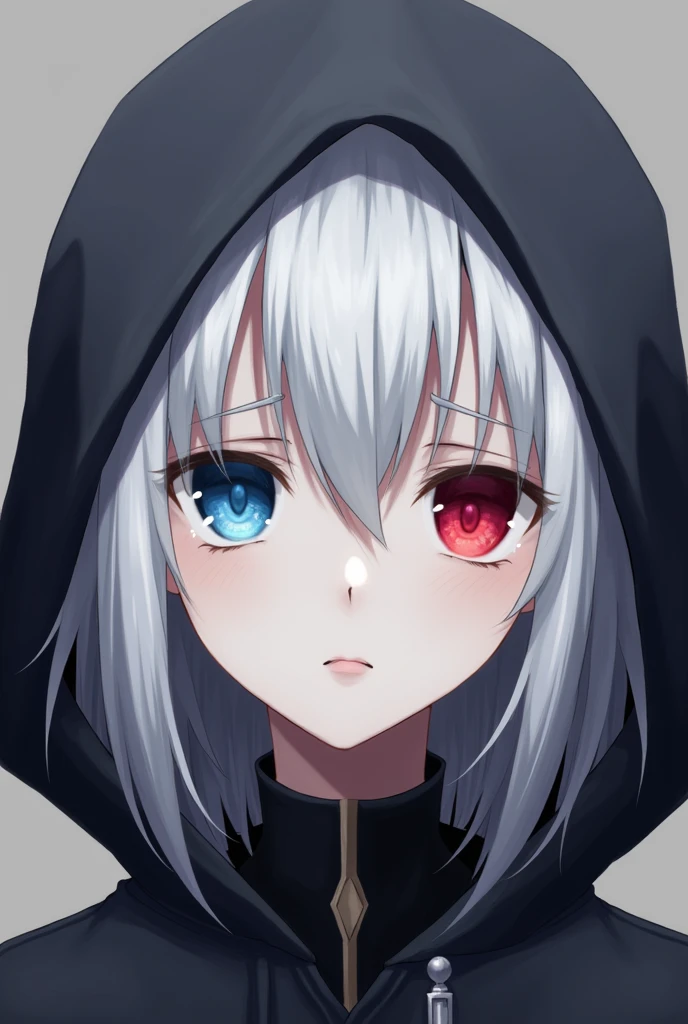 High resolution, Shortcuts, Silver Hair, Odd Eye, Simple Background, Anime Style, blue eyes, Red eyes, Hood worn, I want to cry,