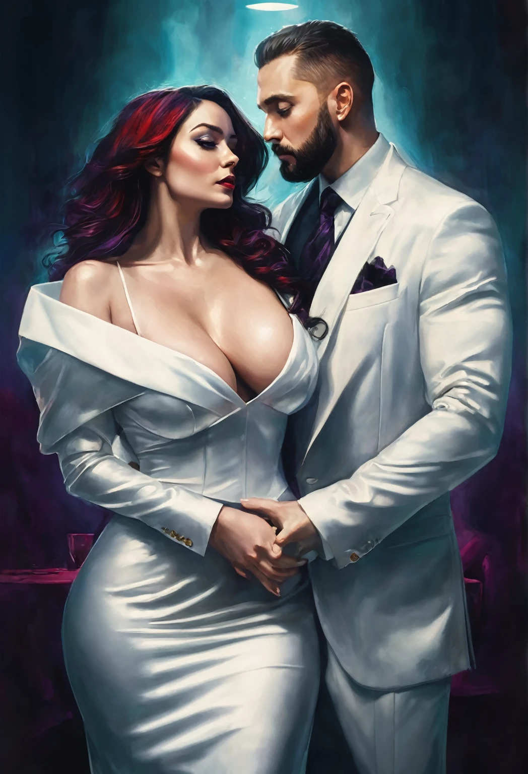 A highly detailed, dark surrealism photo realistic, absolute surrealistic,dark-themed, and romantic image of a couple standing together in an embrace, in a dimly lit Dining room with vibrant colors contrasting the dark atmosphere. The man is a muscular fit formal dressed with a human body, beard man, wearing a white stylish formal romantic coat, with the emphesize empower. The woman is an economist with a human body, wearing a sleek and elegant fit suit, with the head of a beautiful and enchanting qute. Beutiful hair, breast side open dress, Thick, busty chest, milf, sexy dress, thick female body, nice booty curves, They are holding each other closely, while man seems protective expressing deep love and connection, with serious and intense expressions on their faces. The background is dark with neon accents, creating a dramatic and magical atmosphere. In the background, the names "DOM" and "MILA" are written in a stylish and large font, with a bold and clear poster-like appearance. The names are in a different, vibrant color, standing out from the dark background. At the top of the image, a short and mysterious phrase is written in a large and eye-catching font, adding a bold, gang-like feel to the image.