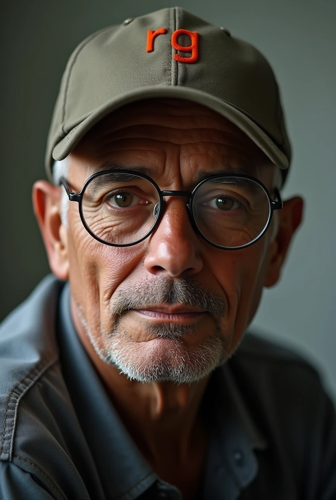 a 60-year-old bald man with brown skin wearing round glasses and a plain cap with the RG logo