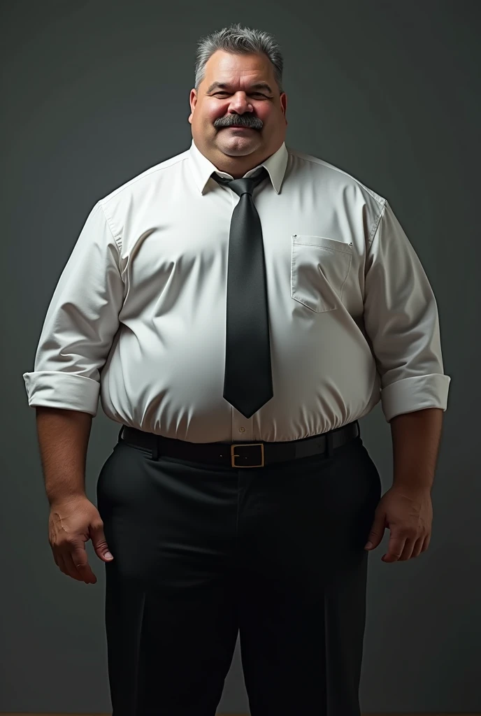 Hyper-realistic very attractive mature muscular handsome hunk white man, chubby, fat, big belly, chunky, beefy, gentle and malicious smirk, thick legs, huge calves, standing, full body, at office, grey very short hair, well designed grey mustache, hyper-detailed background, cinematic, uhd, 8k, high resolution, perfect result, best quality, detailed work, wearing a black pants, a white shirt, a tie