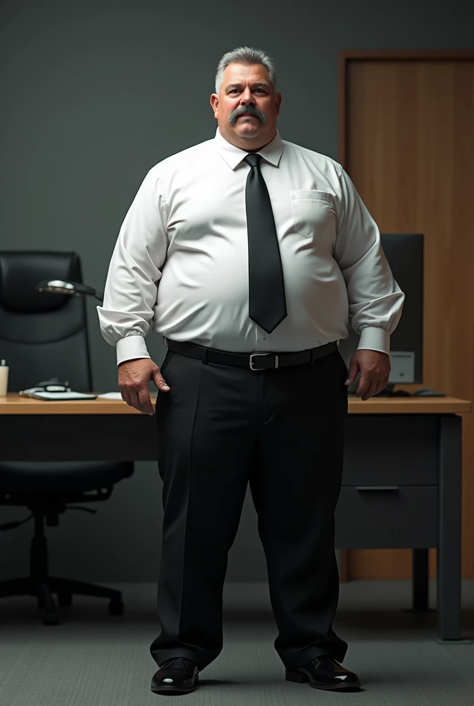 Hyper-realistic very attractive mature muscular handsome hunk white man, chubby, fat, big belly, chunky, beefy, gentle and malicious smirk, thick legs, huge calves, standing, full body, at office, grey very short hair, well designed grey mustache, hyper-detailed background, cinematic, uhd, 8k, high resolution, perfect result, best quality, detailed work, wearing a black pants, a white shirt, a tie