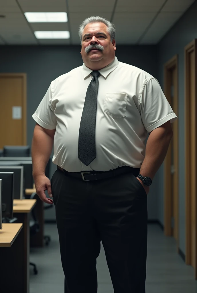 Hyper-realistic very attractive mature muscular handsome hunk white man, chubby, fat, big belly, chunky, beefy, gentle and malicious smirk, thick legs, huge calves, standing, full body, at office, grey very short hair, well designed grey mustache, hyper-detailed background, cinematic, uhd, 8k, high resolution, perfect result, best quality, detailed work, wearing a black pants, a white shirt, a tie