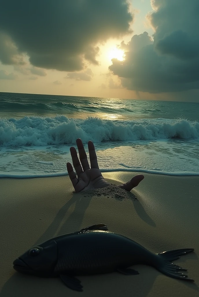 Image of a beach at sunset in Tumaco, with the sun half hidden behind dark clouds. Some waves break on the shore, but instead of white foam, There appears to be a dark, slimy substance. A dead fish lies in the sand, and near it, A partially buried human hand is seen.