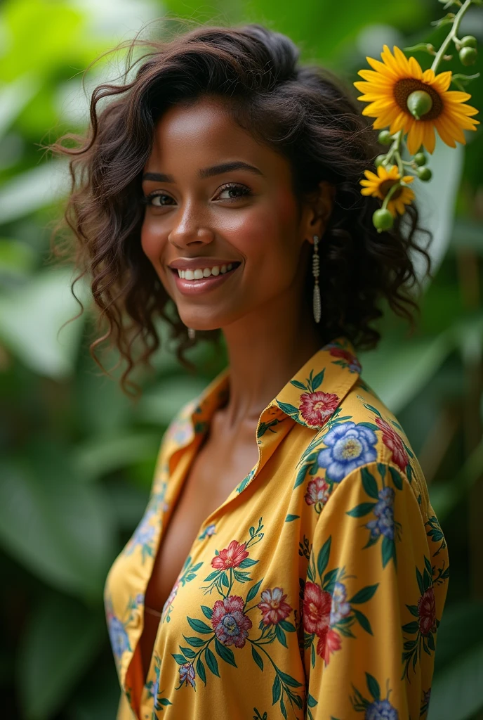 A Brazilian woman in a lush tropical garden, wearing an open shirt with a floral print, with a close-up capturing the harmonious beauty between her breasts and the natural flowers, showing off your natural charm and outgoing personality.