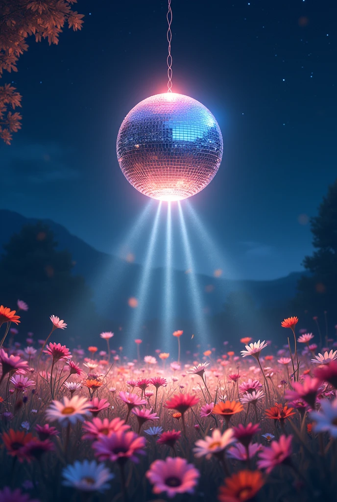 Disco ball shines over the flower field at night