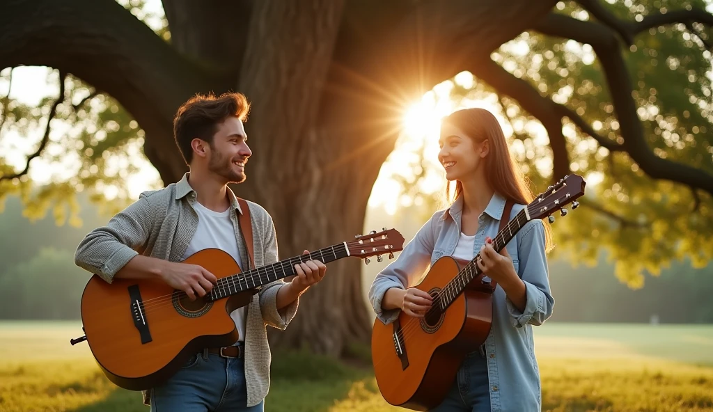 ((Best Quality)), ((masterpiece)),(detail), perfect face, Full body photo of a handsome guy standing under a huge oak tree., WOMAN PLAYING A GUITAR, participating in a duet of cheerful melodies, radiant smiles shared between them, Sun rays filtering through the foliage, projecting a mosaic of light and shadow on their figures, candid moment captured, Soft focus background with a variety of greens and browns., warm, late afternoon atmosphere, sepia toned photography, textured like an old film, Dynamic range, dorado, hyperrealistic photos, 8k, ultra high resolution, Sharp faces YOUNG 20 AND 2 WOMEN PLAYING THE GUITAR white