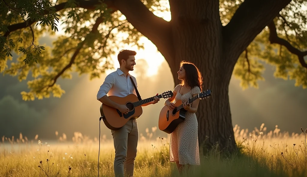 ((Best Quality)), ((masterpiece)),(detail), perfect face, Full body photo of a handsome guy standing under a huge oak tree., WOMAN PLAYING A GUITAR, participating in a duet of cheerful melodies, radiant smiles shared between them, Sun rays filtering through the foliage, projecting a mosaic of light and shadow on their figures, candid moment captured, Soft focus background with a variety of greens and browns., warm, late afternoon atmosphere, sepia toned photography, textured like an old film, Dynamic range, dorado, hyperrealistic photos, 8k, ultra high resolution, Sharp faces YOUNG 20 AND 2 WOMEN PLAYING THE GUITAR white