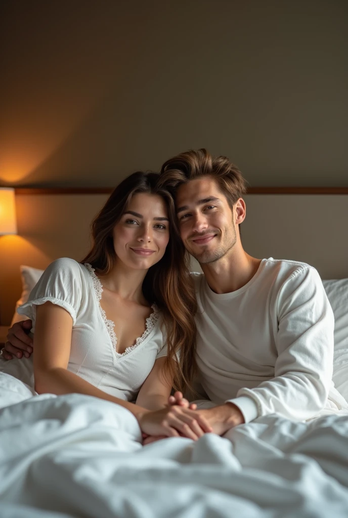 Photo of a teenage couple, white skin, Sitting together on a bed facing forward in a hotel room.