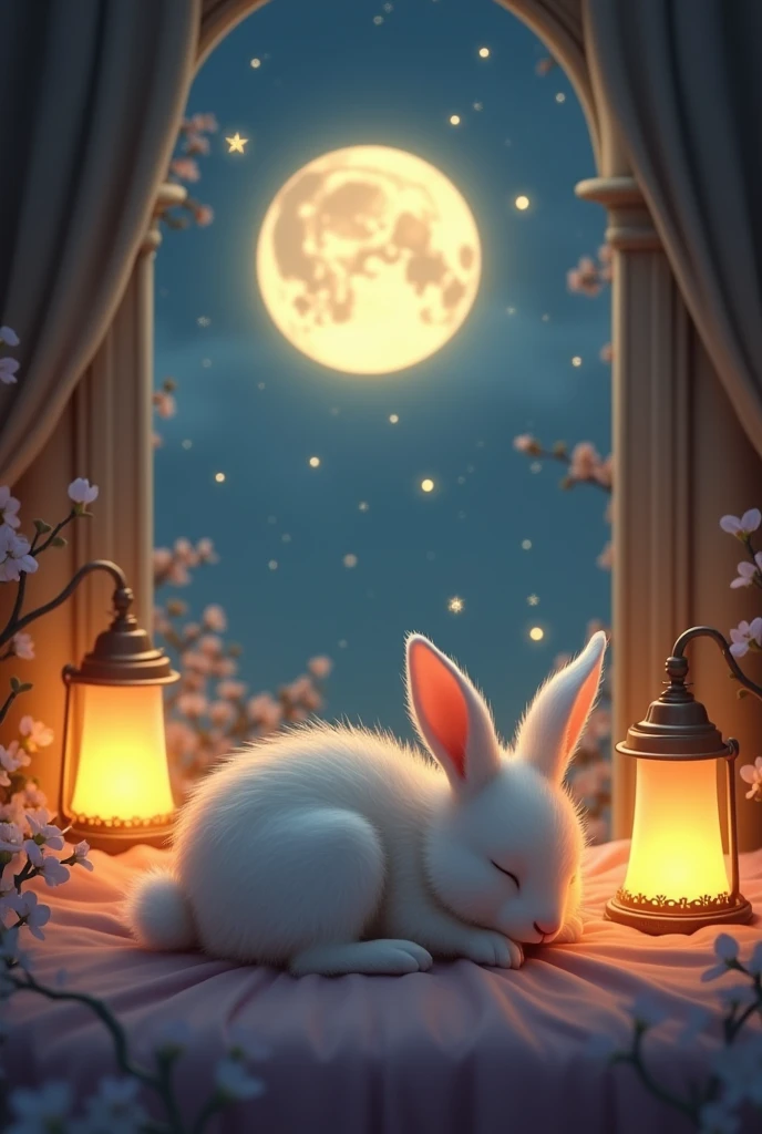 A little sleeping rabbit with a fantasy feel。Sleeping on one's side。Soft Touch。There are lots of lamps and a warm atmosphere.。A big moon with lots of stars around。Fantastic atmosphere。