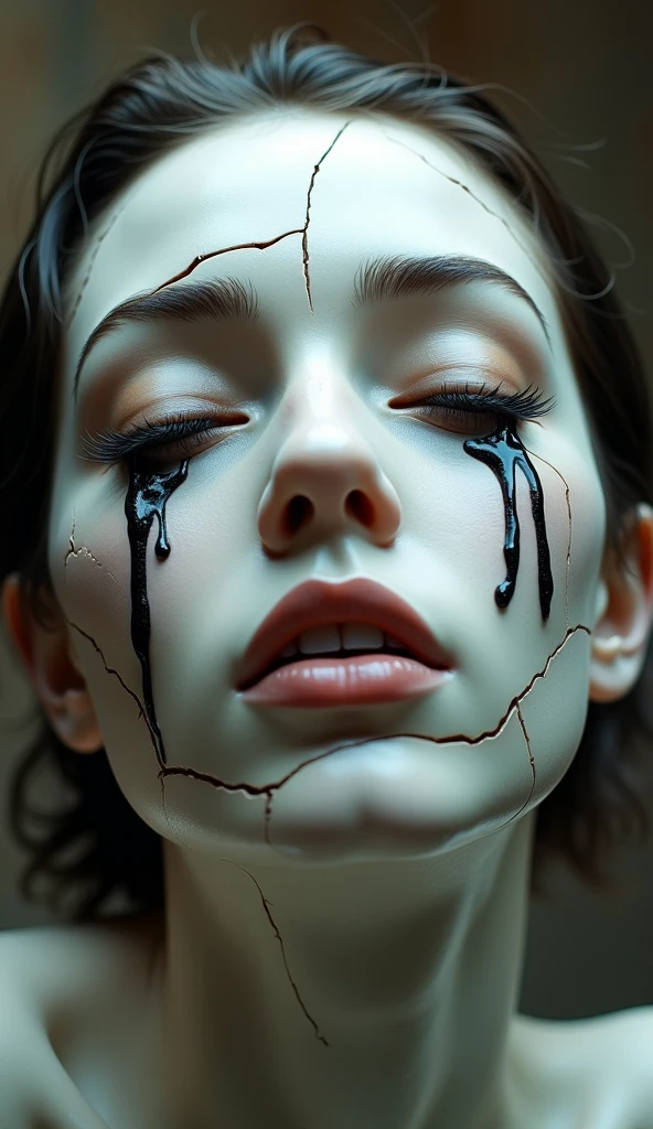 Une illustration d'un visage de femme hyperréaliste en porcelaine est suspendue dans les airs avec une composition modifiée pour un effet plus dramatique, artistiquement divisée en parties irrégulières, avec des fissures visibles, des yeux fermés avec d'énormes larmes noires, beaucoup de larmes, des cils sombres, des sourcils épais et brun clair, un nez en saillie. lèvres légèrement entrouvertes exposer les dents une teinte rosâtre naturelle pour les lèvres, un faible éclairage diffus sur le dessus et un arrière-plan flou avec des touches de céramique.