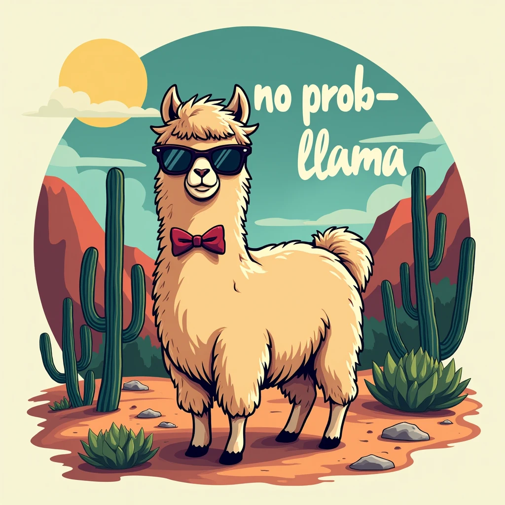 Create a T-shirt design with a cool llama wearing sunglasses and a bow tie, standing in front of a desert landscape. The llama should have a laid-back, chill expression, with cacti and mountains in the background. Use colors like beige, green, and blue, and add the text “No Prob-llama” in a casual, fun font.