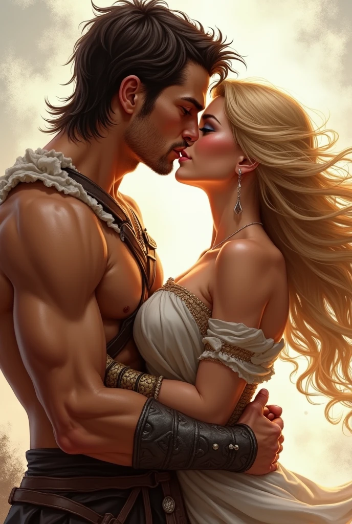 Make this handsome warrior with dark brown medium short hair, brown warm eyes, sharp chin, muscular, caramel skin on to be kissed by a beautiful woman with golden hair to her sholder and blue eyes, dressed as a warrior, who jumps into his arms and kisses him passionately