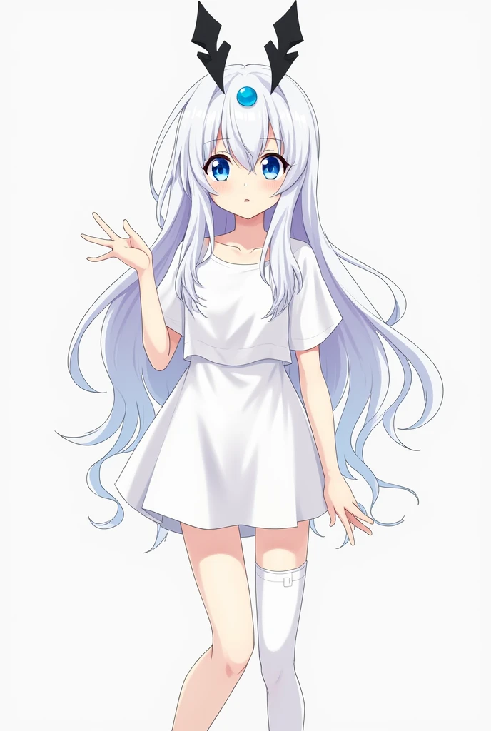 A Japanese anime style girl with long white hair，M-shaped bangs，There are only two black head ornaments on the top of her head that resemble upward arrows.，There is only one blue round bead dotted in the middle of the two upward arrows.，There was nothing on her head except two upward-cut hair ornaments.，She has a pair of blue eyes，She was wearing a white miniskirt，Wearing white on the legs，No shoes