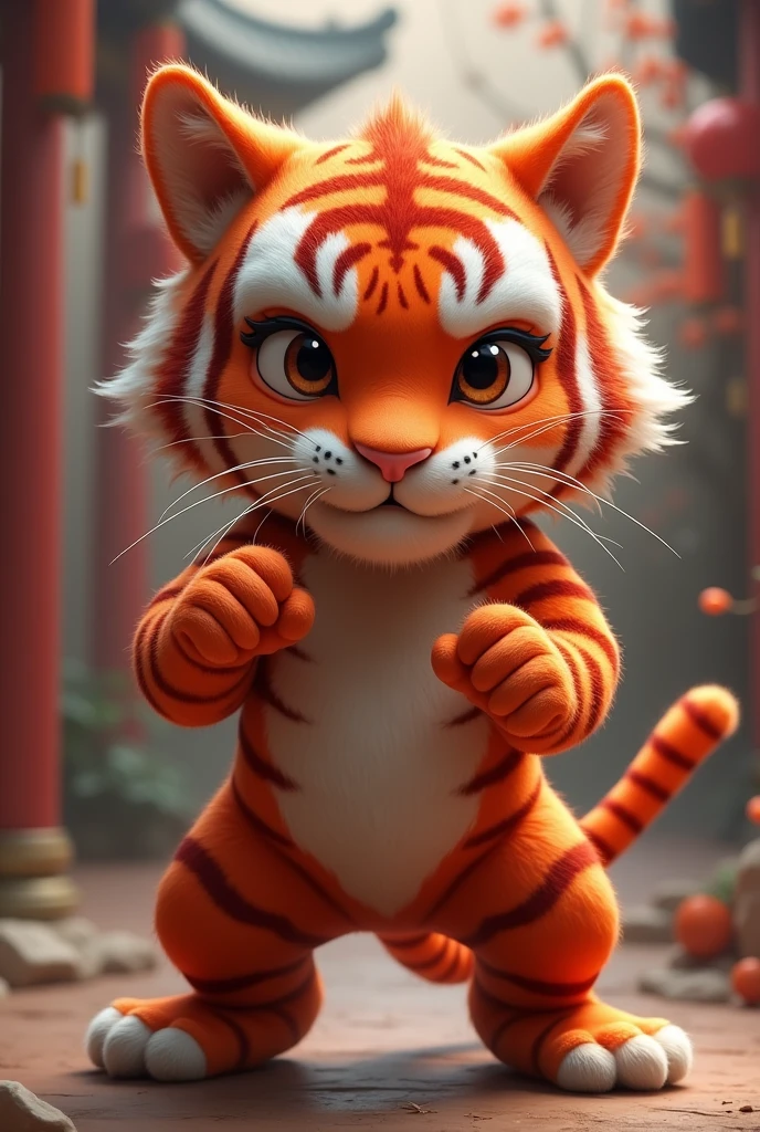 A pure red tiger who knows Chinese Kung Fu,Combat stance,Chinese style,cute style,Realistic and cute