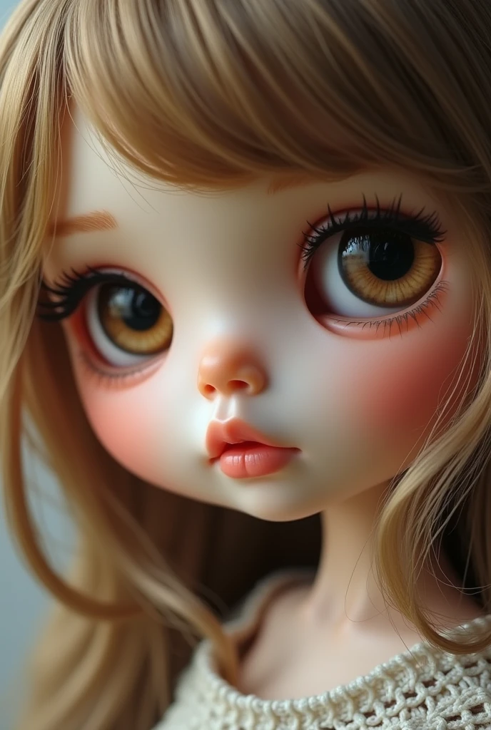 doll blythe, dark blonde hair, round nose challenge, small fleshy mouth, brown eyes half slanted round, large cilia