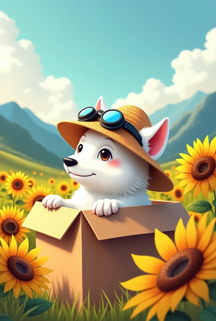 kemono, white wolf, cardboard box, animal in a box, straw hat, raised goggles on hat, sunflower field, mountain view, blue sky, clear sky, vector illustrations, black outline, big eyes, cool shadow, warm light
