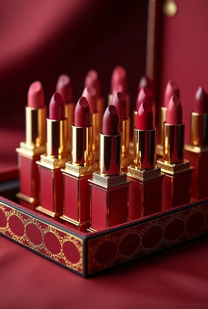 draw 10 lipstick next to each other in a luxurious box