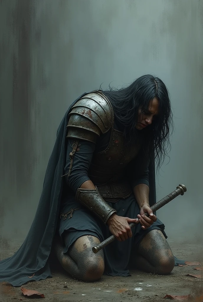 Defeated, fallen and broken warrior but yet still alive with gloomy grey and dark background and the guy is kneeling down with regrets despair and guilt of losing the loved one who loved him than anyone ever had, this warior had so much time to bacome best wairor but wated his time but sitting around