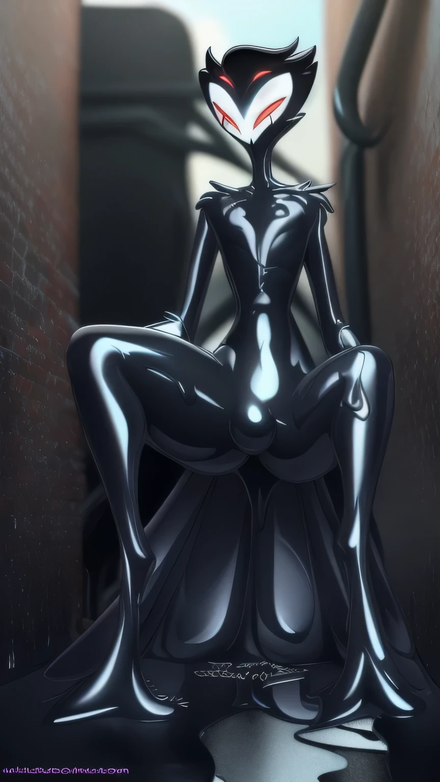 Tanraak (style), ((masterpiece)), ((8k quality)), (no watermark), stolas, male, sleek, shiny slime body, goo, gooey, long tail feathers, avian, avian tail, solo, detailed alley, looking at viewer, shiny, slimy, perfect body, thighs, symbiote, front view, black goo puddle, black goo climbing legs