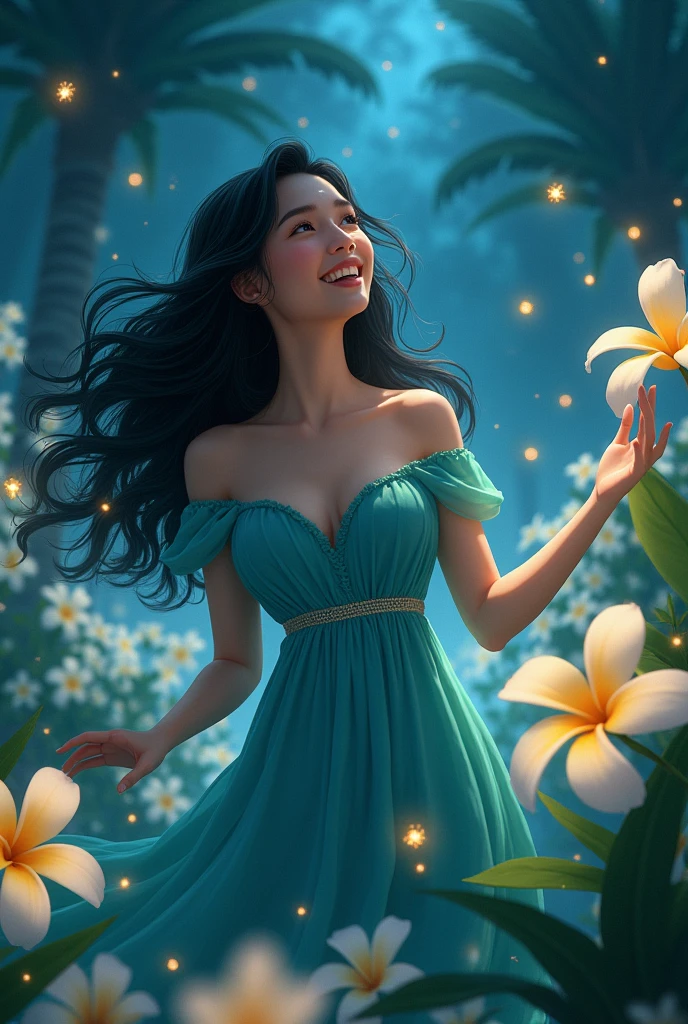 A girl with long wavy black hair wearing, a blue green dress having fun around the plantation of white plumeria flower at night time with fireflies