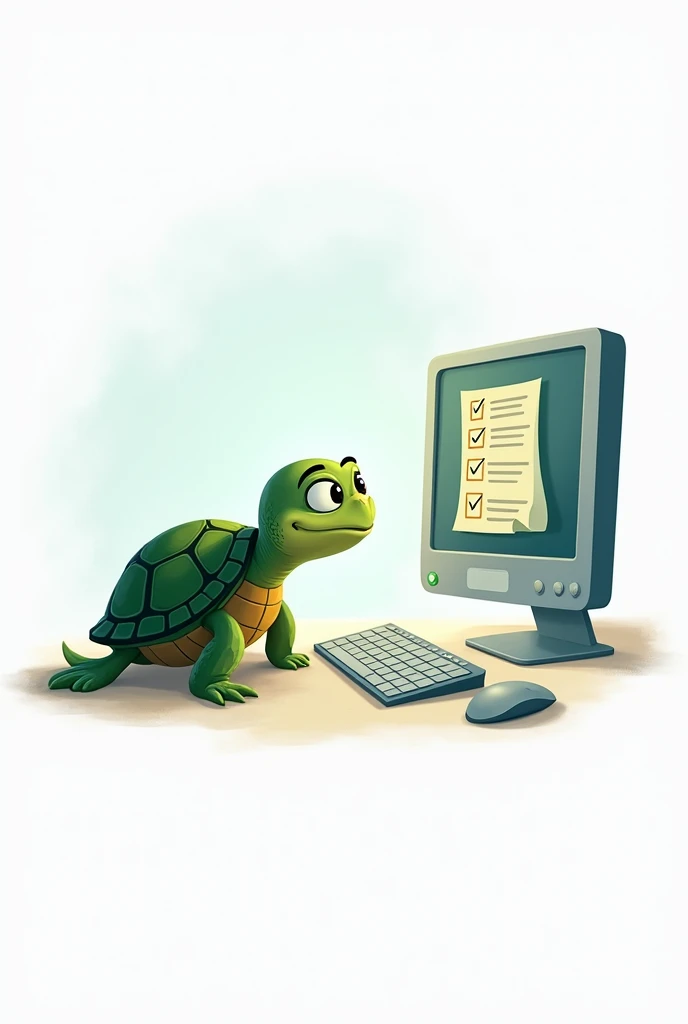 Generate a logo with a white background where inside it there is an animated turtle looking for contamination on a computer