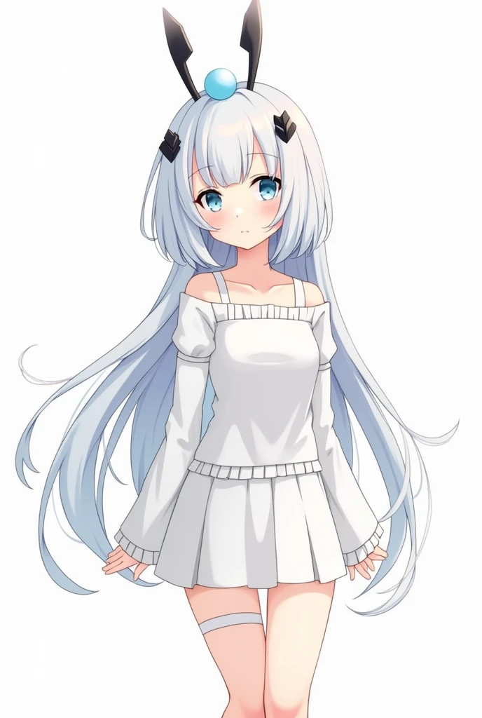 A Japanese anime style girl with long white hair，M-shaped bangs，There are only two black head ornaments on the top of her head that resemble upward arrows.，There is only one blue round bead dotted in the middle of the two upward arrows.，There was nothing on her head except two upward-cut hair ornaments.，She has a pair of blue eyes，She was wearing a white miniskirt，Wearing white on the legs，No shoes