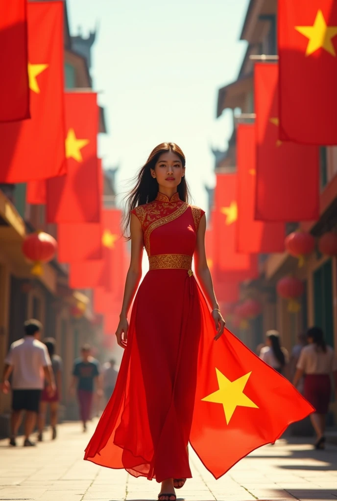 A young Vietnamese woman wearing a traditional áo dài with a red flag pattern and yellow star, walking down a street. The buildings on both sides of the street are adorned with red flags with yellow stars. The scene is vibrant and patriotic, with a sunny atmosphere, showcasing the beauty of Vietnam's national identity