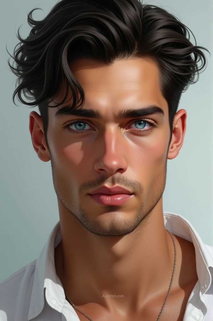 high resolution, masterpiece : 1,2), (realistic : 1,37), (best quality, high resolution, ultra-detailed girl, realistic) Homme de 20 ans aux cheveux noirs et lisses comme la couleur ébène ainsi que ses yeux bleus cristallins. He has a slightly tanned complexion.. His beard is shaved.
