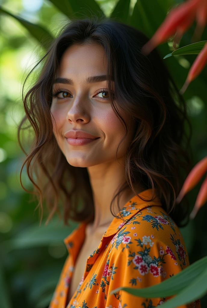 A Brazilian woman in a lush tropical garden, wearing an open shirt with a floral print, with a close-up capturing the harmonious beauty between her breasts and the natural flowers, showing off your natural charm and outgoing personality.