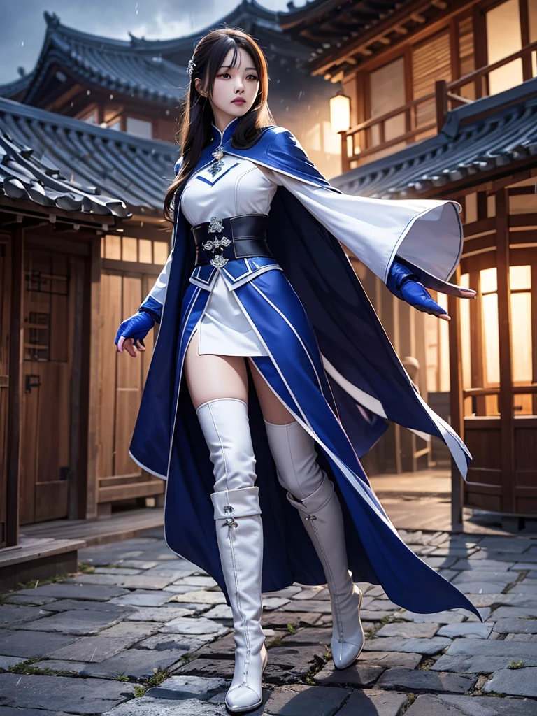 South korea walk women mystery hood up with modern royal Blue coat with long sleeves with buttons and royal Blue cape and very high white heel over the knee and white gloves, As she reveals a small secret hidden blade coming from his palm , adding to the character's mysterious and agile appearance, with small movements of air on the cape, in summer at night under the rain,medieval south korea house. sophisticated and highly detailed, ultra hd, realistic, hyper detailed, enhanced colours, ultra sharp focus, with vibrant, rich in details High quality, gorgeous, captivating, 8k, super detailed, stunning shadows, detailed lines, blood stain on coat and gloves, a recently dead person with their throat slit